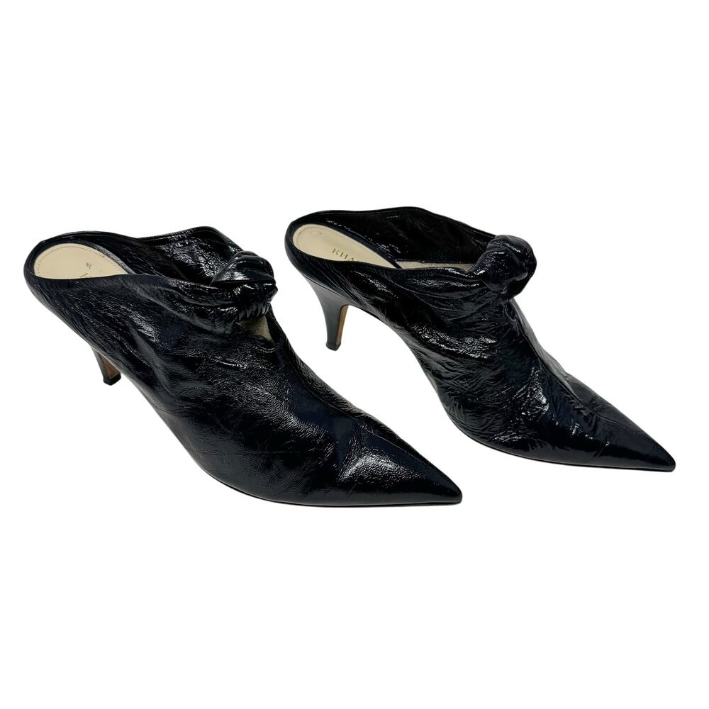 Khaite Rowan Mules Black Crinkled Patent Leather Pointed Toe Knot Heel 38 US 7.5